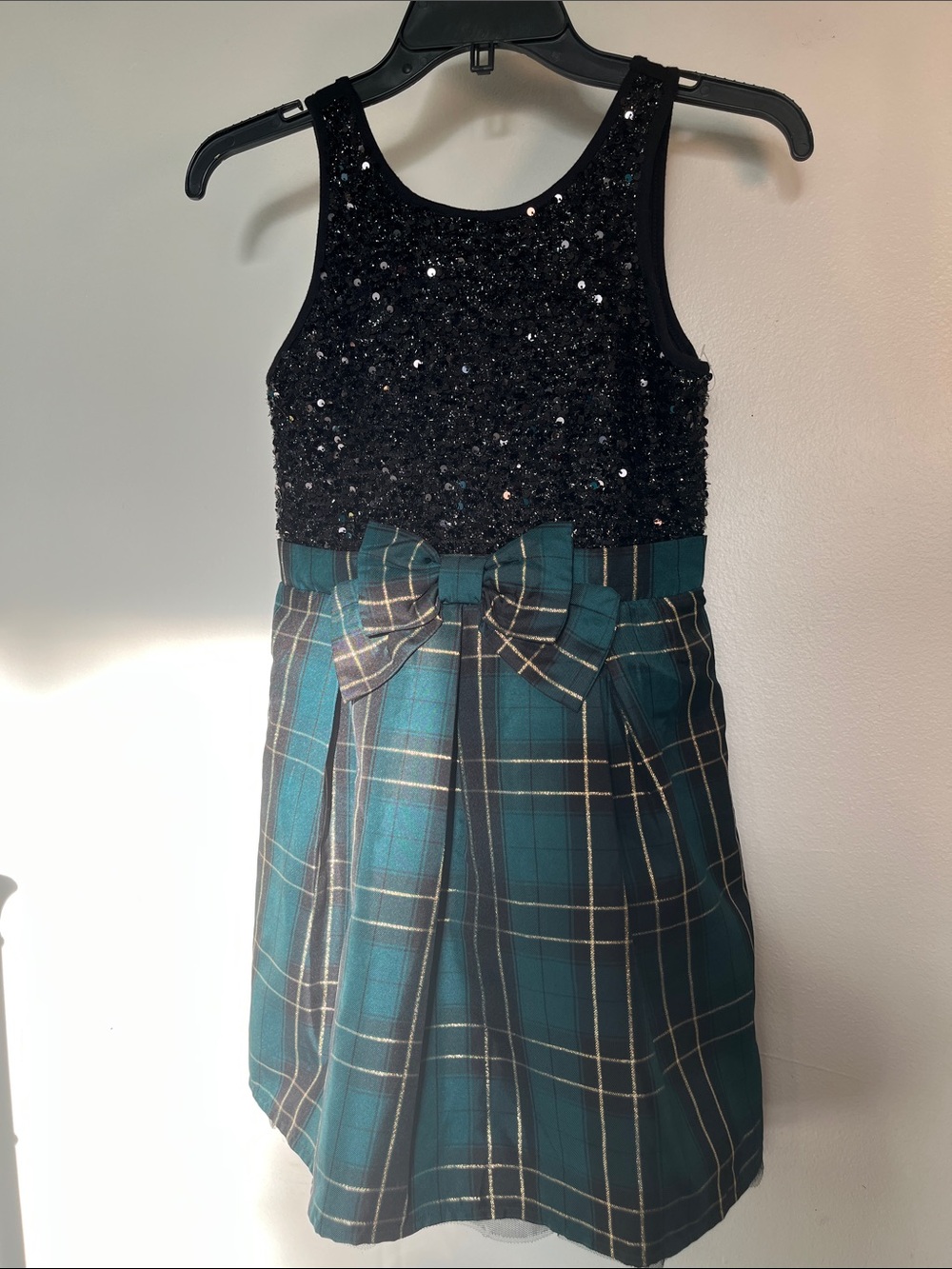 Place Black Sequin Bodice with Teal Plaid Skirt and Bow